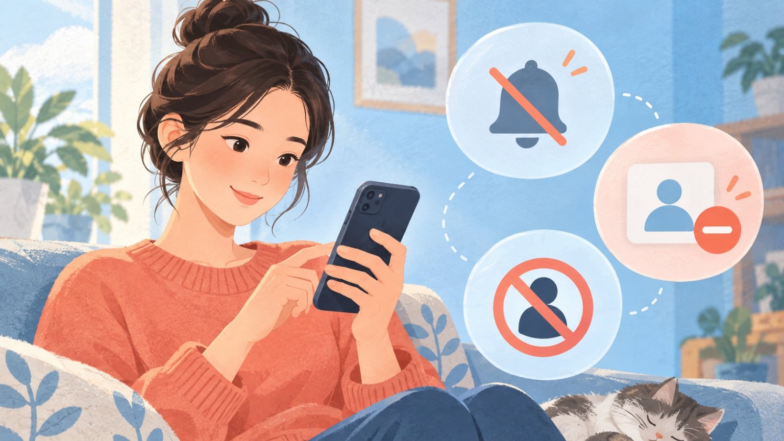 静音、移除联系人和阻止联系三种选择的示意插画