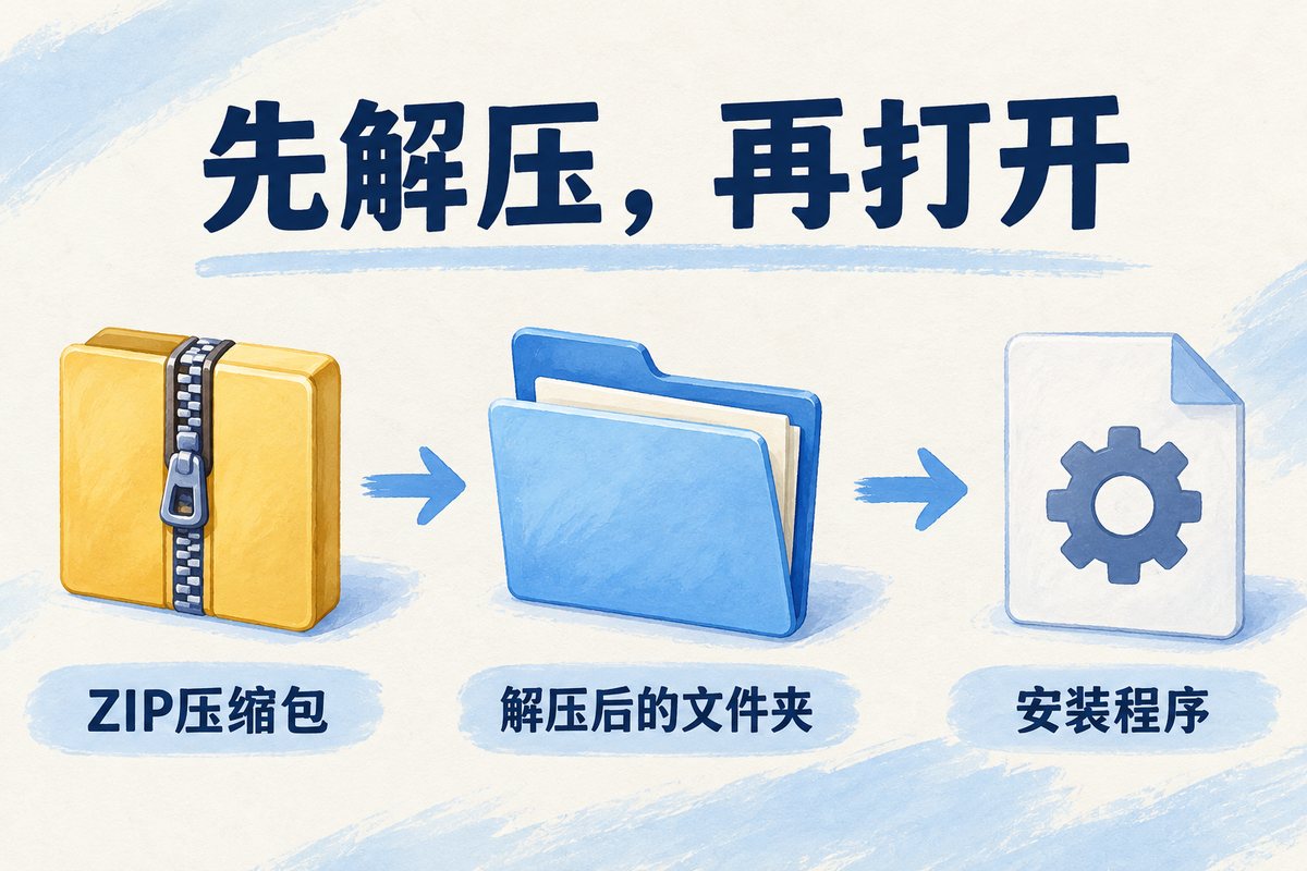 从ZIP压缩包解压到普通文件夹,再打开其中安装程序的三步示意