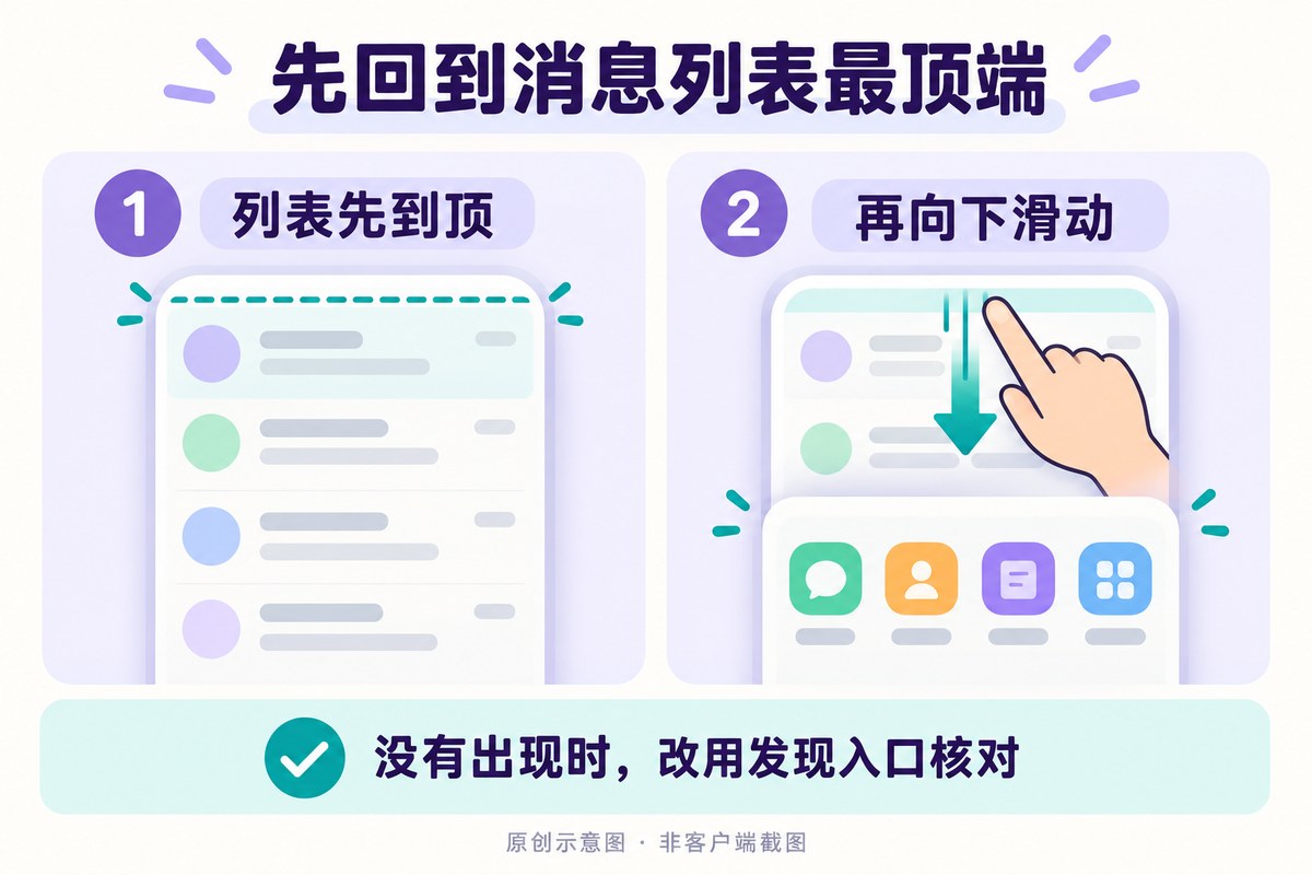 先将消息列表滚动到最顶端,再向下滑动调出小程序列表的条件示意