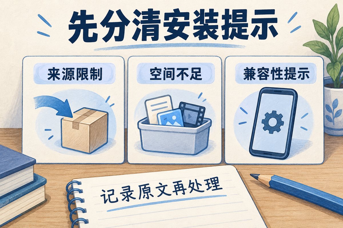 安装失败先区分来源限制、空间不足和兼容性提示，并记录完整错误原文