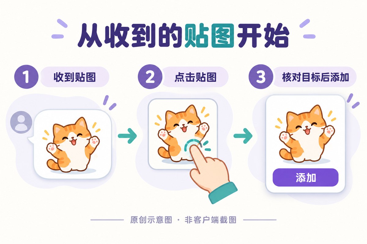 收到贴图后点击查看,再核对目标并添加的三步示意
