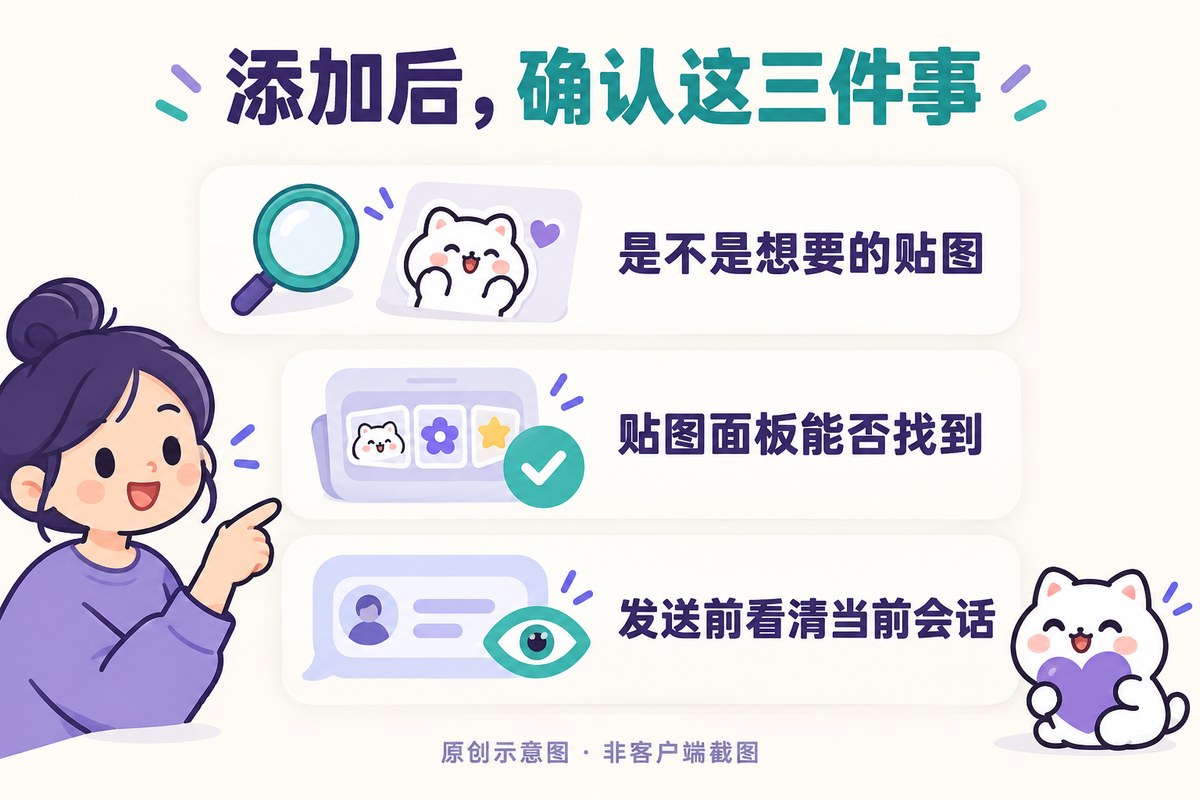 核对目标贴图、检查贴图面板和发送前确认会话的检查清单